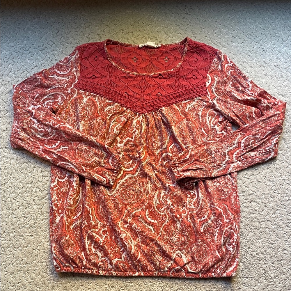 Ruff Hewn Red Orange Paisley Printed Long Sleeve Top Size Women Small